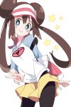  1girl bag black_legwear blue_eyes blush_stickers closed_mouth double_bun ixy long_hair looking_at_viewer pantyhose pokemon pokemon_(game) pokemon_bw2 rosa_(pokemon) shorts smile solo twintails visor_cap yellow_shorts 