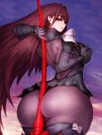  armor ass between_buttocks bodysuit breasts cloud cloudy_sky commission fate/grand_order fate_(series) fumio_(rsqkr) gae_bolg_(fate) highres large_breasts leotard long_hair looking_back outdoors pauldrons polearm purple_bodysuit purple_hair purple_leotard red_eyes scathach_(fate) scathach_(fate)_(all) shoulder_armor sky spear very_long_hair weapon 