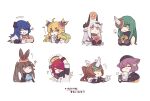  6+girls amiya_(arknights) angel animal_ears arknights bubble_(arknights) bunny_ears chibi demon_girl demon_horns doughnut dragon_girl dragon_horns dur-nar_(arknights) exusiai_(arknights) food fox_ears fox_girl halo happy highres horns hoshiguma_(arknights) kaleka leizi_(arknights) mostima_(arknights) mudrock_(arknights) multiple_girls oni rabbit_girl rhinoceros_girl single_horn 