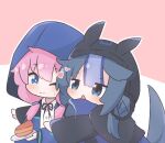  2girls arknights blue_eyes blue_hair blue_poison_(arknights) blush bolo_tie cake chibi food glaucus_(arknights) heart hood hood_up hooded_jacket hug hug_from_behind jacket kurotofu long_sleeves low_twintails multicolored_hair multiple_girls one_eye_closed pink_hair streaked_hair tail triangle_mouth twintails 