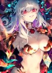  breasts demon_girl demon_horns earrings evil_grin evil_smile fate/grand_order fate_(series) flower grin highres horns jewelry kama_(fate) large_breasts long_hair looking_down maon_(vava0210) red_eyes smile very_long_hair white_hair 