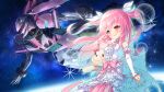  1girl bettle_(b_s_a_n) bow character_request dress dress_bow gundam hair_bow himekuma_ribon mecha night night_sky official_art orange_eyes outdoors pink_bow pink_hair pink_ribbon re:act ribbon sky standing stuffed_animal stuffed_toy teddy_bear virtual_youtuber white_dress 