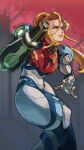  1girl absurdres arm_cannon blonde_hair blue_eyes highres looking_up metroid metroid_dread open_mouth ponytail power_armor rim_jims samus_aran thick_thighs thighs weapon 