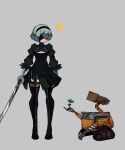  1girl ? absurdres black_blindfold black_dress black_hairband black_legwear blindfold clothing_cutout covered_eyes dress grey_background hairband highres holding holding_sword holding_weapon juliet_sleeves long_sleeves mole mole_under_mouth nier_(series) nier_automata plant puffy_sleeves rising_(risingacetrainer) robot simple_background standing sword thighhighs wall-e wall-e_(character) weapon wide_shot yorha_no._2_type_b 