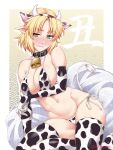  1girl absurdres animal_ears animal_print bell bikini black_collar blonde_hair blush breasts clenched_teeth collar cow_ears cow_horns cow_print cow_tail eyebrows_visible_through_hair fake_animal_ears fake_horns green_eyes highres horns large_breasts mizuhashi_parsee navel neck_bell nose_blush ootsuki_wataru pointy_ears short_hair side-tie_bikini sitting solo sweatdrop swimsuit tail teeth thighhighs touhou wavy_mouth 