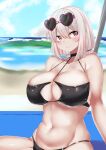  1girl absurdres arm_support azur_lane bangs bare_shoulders beach beach_mat bikini black_bikini black_choker blue_sky blush breasts choker cleavage closed_mouth cloud collarbone commentary_request cowboy_shot day eyebrows_visible_through_hair eyewear_on_head groin hair_between_eyes heart heart-shaped_eyewear highres large_breasts looking_at_viewer low_twintails navel o-ring o-ring_bikini o-ring_top ocean official_alternate_costume outdoors partial_commentary pink-framed_eyewear red_eyes shinonome_halltro short_hair short_twintails sidelocks sirius_(azur_lane) sirius_(midsummer_seirios)_(azur_lane) sitting skindentation sky smile solo stomach sunglasses swimsuit twintails underboob white_hair 