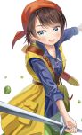  1girl :d absurdres asakura_(asa_t77) bangs belt belt_pouch blue_eyes blue_shirt brown_hair commentary_request cosplay cowboy_shot dragon_quest dragon_quest_viii head_scarf hero_(dq8) hero_(dq8)_(cosplay) highres holding holding_sword holding_weapon hololive looking_at_viewer oozora_subaru open_mouth pouch red_headwear scabbard sheath shirt short_hair simple_background smile solo swept_bangs sword unsheathed virtual_youtuber weapon white_background yellow_cloak 