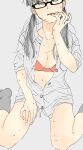  1girl absurdres bare_legs bra breasts collarbone commentary_request eyebrows_visible_through_hair finger_in_mouth full_body glasses grey_background grey_eyes grey_hair grey_legwear grey_shirt hand_up highres long_hair looking_at_viewer low_twintails no_pants no_pupils no_sclera open_clothes open_shirt original parted_lips red_bra shiki_haru shirt simple_background sitting sleeves_rolled_up small_breasts socks solo sweat sweating_profusely twintails underwear wariza 