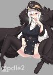  1girl absurdres aroused ass ass_visible_through_thighs bangs black_fur blush breasts cloak collared_shirt eyebrows_visible_through_hair female_ejaculation finger_to_mouth fur-trimmed_cloak fur_collar fur_trim girls&#039;_frontline hair_between_eyes hat highres iron_cross kar98k_(girls&#039;_frontline) large_breasts military military_hat military_uniform pclle2 red_eyes shirt signature simple_background solo spread_legs sweat thighhighs thighs twitter_username uniform white_hair 