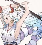  1girl armpits arms_up bangs blue_hair blurry breasts closed_mouth club commentary curled_horns depth_of_field earrings expressionless floating_hair gradient_hair grey_background hair_ornament hair_stick highres holding holding_weapon hoop_earrings horns japanese_clothes jewelry kanabou kimono long_hair medium_breasts mt10cat multicolored_hair one_piece parted_bangs ponytail red_eyes rope shimenawa sideboob sidelocks simple_background sleeveless sleeveless_kimono solo two-tone_hair upper_body wavy_hair weapon white_hair white_kimono yamato_(one_piece) 