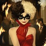  1girl absurdres bangs bare_shoulders black_hair blurry blurry_background breasts collarbone cruella_de_vil disney dress eye_mask highres looking_at_viewer multicolored_hair nongxy_nonshi red_dress red_lips small_breasts smile solo two-tone_hair upper_body white_hair 