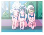  barefoot blue_eyes blue_hair breasts brown_hair chain-link_fence collarbone fence goggles goggles_on_head highres hugging_own_legs idolmaster idolmaster_cinderella_girls medium_breasts muramatsu_sakura new_wave_(idolmaster) on_floor ooishi_izumi outdoors school_swimsuit short_hair sweat swim_cap swimsuit tamachan_(gam_baru_ger) tsuchiya_ako 