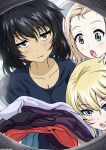  3girls :o andou_(girls_und_panzer) bangs black_hair black_shirt blonde_hair blue_eyes blurry blurry_background brown_eyes casual closed_mouth dark-skinned_female dark_skin depth_of_field eyebrows_visible_through_hair frown girls_und_panzer green_eyes half-closed_eyes hand_on_another&#039;s_head highres holding holding_clothes laundromat laundry long_hair marie_(girls_und_panzer) medium_hair messy_hair multiple_girls oshida_(girls_und_panzer) shirt sweatdrop tonan_leopard washing_machine 