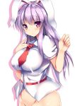  1girl :o animal_ears blush bottomless breasts bunny_ears carrot_pin drop_shadow large_breasts long_hair necktie out-of-frame_censoring purple_eyes purple_hair reisen_udongein_inaba ryokushiki_(midori-ya) shirt simple_background solo touhou very_long_hair white_background white_shirt 
