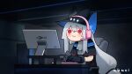  1girl ak4ci arknights artist_name black_capelet black_gloves blue_headwear capelet closed_mouth computer dark_room gloves hat indoors long_hair on_chair red_eyes sad sidelocks silver_hair sitting skadi_(arknights) solo symbol_commentary tearing_up 