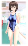  1girl absurdres blue_swimsuit breasts brown_eyes brown_hair collarbone commentary_request competition_swimsuit contrapposto covered_navel cowboy_shot girls_und_panzer highres indoors looking_at_viewer medium_breasts nishizumi_maho one-piece_swimsuit parted_lips pool poolside short_hair solo standing string_of_flags swimsuit takafumi 