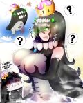  2girls ? black_hair bowsette breasts bug butterfly chibi crown elbow_gloves fog gloves green_eyes groping hi_ye highres huge_breasts i-class_destroyer insect isolated_island_princess jealous kantai_collection multiple_girls ocean personification smoke speech_bubble super_crown teeth transformation twitter_username 
