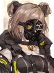  1girl absurdres breasts choker collarbone commission double_bun gas_mask girls&#039;_frontline highres hood light_brown_hair mask mask_on_head medium_breasts p90_(girls&#039;_frontline) red_eyes short_hair skeb_commission solo tawaketch 