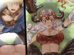  1boy 1girl aliza_(granblue_fantasy) black_pants blue_shirt blush breasts cleavage commentary_request draph embarrassed gran_(granblue_fantasy) granblue_fantasy grey_hair highres kekeshi_mitsuru large_breasts long_hair muscular pants pointy_ears red_eyes shirt straddling torn_clothes torn_shirt wrist_wrap 