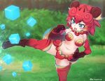  1girl ass_visible_through_thighs bangs blue_eyes blurry blurry_background breasts bush clenched_hands cube day elbow_gloves eyebrows_visible_through_hair fang gloves grass hair_between_eyes kemono_friends kicking medium_breasts navel nyifu open_mouth outdoors outstretched_leg red_hair shiisaa_lefty short_hair solo standing standing_on_one_leg stomach tail thighhighs twitter_username v-shaped_eyebrows 