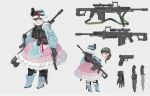  1girl absurdres belt_pouch black_hair blue_footwear blue_pupils blush boots bow brown_eyes character_sheet closed_mouth combat_knife dress earmuffs frilled_dress frills frown fur_trim gloves grey_background grey_gloves gun handgun highres holding holding_gun holding_weapon intemind knife long_hair original pink_bow pink_dress pistol pouch rifle scabbard scope sheath sheathed simple_background soldier solo standing weapon weapon_on_back winter_clothes 