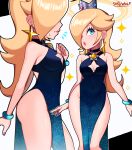  1girl absurdres bare_legs blonde_hair blue_eyes bracelet breasts brooch cleavage cleavage_cutout clothing_cutout covered_navel crown dress earrings eyelashes hair_over_one_eye highres jewelry looking_at_viewer mario_(series) mini_crown multiple_views nail_polish rosalina sarukaiwolf side_slit standing super_mario_galaxy sweatdrop 