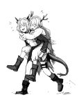  2girls alina_(arknights) animal_ears arknights boots carrying closed_eyes commentary deer_antlers deer_ears deer_girl dragon_girl dragon_horns dragon_tail dress english_commentary flying_sweatdrops greyscale hair_intakes highres horns military military_uniform monochrome multiple_girls open_mouth piggyback silverxp simple_background socks tail talulah_(arknights) twitter_username uniform walking 