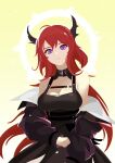  1girl :3 arknights bangs bare_shoulders belt black_belt black_dress breasts chinese_commentary cleavage commentary_request demon_horns dress hair_between_eyes highres horns large_breasts lieyan_huangzi long_hair looking_at_viewer off-shoulder_dress off_shoulder partial_commentary purple_eyes red_hair simple_background sleeveless sleeveless_dress smile solo surtr_(arknights) upper_body yellow_background 