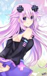  1girl adult_neptune arms_behind_back bangs blush breasts d-pad d-pad_hair_ornament detached_collar detached_sleeves dress eyebrows_visible_through_hair hair_between_eyes hair_ornament highres lewdkuma long_hair looking_at_viewer medium_breasts neptune_(series) ponytail purple_eyes purple_hair shin_jigen_game_neptune_vii sidelocks signature smile solo 