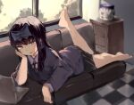  1girl bangs barefoot black_hair black_neckwear black_ribbon black_skirt blue_bow bow collared_shirt commentary computer cookie_(touhou) couch drawer earrings full_body hair_bow head_rest highres indoors jacket jewelry laptop long_hair long_sleeves looking_at_viewer lying neck_ribbon on_stomach open_mouth purple_eyes purple_jacket ribbon rizeass shirt shunga_youkyu skirt solo star_(symbol) star_earrings star_sapphire the_pose touhou white_shirt window 