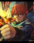  1boy armor bad_id bad_twitter_id blue_cape blue_eyes cape durandal_(fire_emblem) eliwood_(fire_emblem) fire fire_emblem fire_emblem:_the_blazing_blade fire_emblem_heroes flaming_sword flaming_weapon frown highres kometubu0712 looking_at_viewer male_focus red_hair shoulder_armor solo sword weapon 