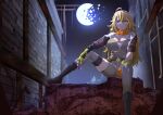  1girl absurdres ahoge alley asymmetrical_clothes blonde_hair boots breasts broken_moon bureoeve cleavage highres large_breasts leather leather_boots long_hair moon prosthesis prosthetic_arm purple_eyes rwby sitting tagme yang_xiao_long 