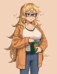  1girl :t black-framed_eyewear blonde_hair blue_eyes blue_pants breasts cardigan chips cleavage eating english_commentary food furi2play! glasses highres large_breasts lay&#039;s long_hair margit_hartmann messy_hair open_cardigan open_clothes orange_cardigan pants peach_(momozen) potato_chips solo 