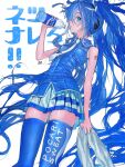  1girl blue_eyes blue_hair blue_shirt blue_theme bottle breasts collared_shirt cowboy_shot grey_shirt hatsune_miku highres holding holding_bottle korpokkur_kne long_hair looking_at_viewer necktie pleated_skirt pocari_sweat profile project_sekai shirt signature skindentation skirt sleeveless sleeveless_shirt small_breasts solo thighhighs twintails very_long_hair vocaloid white_neckwear 