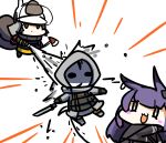  1other 2girls animal_ears arknights axe black_gloves black_jacket blush brown_hair bunny_ears chibi commentary_request expressionless fire_helmet fire_jacket firefighter full_body gloves helmet holding holding_axe holding_weapon hood jacket kagami_kino long_hair long_sleeves multiple_girls open_mouth purple_hair reunion_soldier_(arknights) rope_(arknights) shaw_(arknights) smile squirrel_girl squirrel_tail sword tail water_stream weapon white_background 
