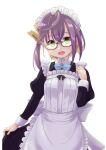  1girl absurdres alternate_costume apron black_dress blonde_hair dress enmaided frilled_apron frills fyuo glasses green-framed_eyewear green_eyes highres juliet_sleeves kantai_collection long_sleeves maid maid_apron maid_headdress multicolored_hair okinami_(kancolle) puffy_sleeves purple_hair short_hair solo white_apron 