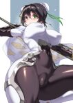  1girl arm_guards bangs black_bodysuit black_gloves black_hair bodysuit breasts bun_cover cape covered_navel covered_nipples double_bun elbow_gloves fat_mons fate/grand_order fate_(series) fingerless_gloves fuya_(tempupupu) gloves green_eyes green_ribbon hair_ribbon jewelry large_breasts looking_at_viewer neck_ring polearm qin_liangyu_(fate) ribbon sidelocks solo spear thighs weapon white_bodysuit white_cape 