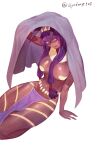  1girl animal_ears bangs bare_arms bare_legs bare_shoulders beach_towel breasts dark-skinned_female dark_skin fate/grand_order fate_(series) gyudong123 hairband highres jewelry long_hair looking_at_viewer necklace nitocris_(fate) open_mouth pointy_ears purple_eyes purple_hair simple_background sitting smile solo towel twintails underwear white_background 