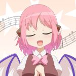  1girl :d animal_ears beige_background bird_wings bow bowtie brown_vest cato_(monocatienus) closed_eyes commentary eyebrows_visible_through_hair facing_viewer hands_on_own_chest hands_together highres music musical_note mystia_lorelei open_mouth pink_bow pink_hair puffy_short_sleeves puffy_sleeves shirt short_hair short_sleeves simple_background singing smile solo staff_(music) star_(symbol) starry_background touhou upper_body vest white_shirt wings 