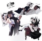  2boys alternate_costume apron bangs black_dress black_footwear black_hair chair closed_mouth collared_shirt commentary_request dark-skinned_male dark_skin dress earrings hair_over_one_eye heart highres interracial jewelry korean_commentary long_hair lying_on_another maid male_focus multicolored_hair multiple_boys pants partially_colored piers_(pokemon) pillow pokemon pokemon_(game) pokemon_swsh raihan_(pokemon) shiny shiny_skin shirt shoes short_hair short_sleeves sitting sitting_sideways smile thighhighs two-tone_hair undercut waist_apron white_apron white_hair white_legwear white_shirt yaoi zigzagdb 