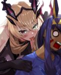  2girls absurdres animal_ears arts_shirt bangs bare_shoulders beppu_mitsunaka black_dress black_gloves blonde_hair blue_eyes blue_shirt blush breasts dark-skinned_female dark_skin dress earrings elbow_gloves facepaint facial_mark fate/grand_order fate_(series) gawain_(fairy_knight)_(fate) gloves hairband heterochromia highres hoop_earrings horns jackal_ears jewelry large_breasts long_hair looking_at_viewer low-tied_long_hair medium_breasts multiple_girls nitocris_(fate) nitocris_(swimsuit_assassin)_(fate) open_mouth purple_hair red_eyes shirt sidelocks t-shirt thighs tongue tongue_out very_long_hair 