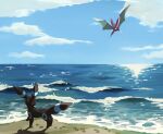  alternate_color cloud crobat day flying footprints gen_2_pokemon highres looking_to_the_side no_humans ocean outdoors pokemon pokemon_(creature) sand shiny_pokemon shore sky two_pokemon umbreon water 