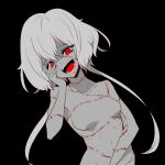  1girl black_background colored_skin evil_smile eyebrows_visible_through_hair grey_skin hair_between_eyes hand_on_own_face highres konno_junko laughing looking_at_viewer low_twintails navel nude open_mouth red_eyes scar scar_on_forehead scar_on_neck simple_background smile solo stitches teeth tongue twintails upper_body white_hair yonedatomo_mizu zombie zombie_land_saga 