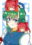  3girls :3 absurdres asymmetrical_hair bangs blue_eyes blue_vest border closed_eyes closed_mouth eyebrows_visible_through_hair green_hair hair_bobbles hair_ornament highres juliet_sleeves long_sleeves looking_at_viewer medium_hair multiple_girls no_hat no_headwear onozuka_komachi puffy_sleeves red_hair saliva saliva_trail shiki_eiki short_sleeves sleeping smile tomori_yukari touhou two_side_up upper_body vest white_border 