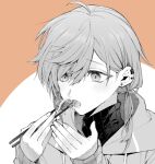  1boy ahoge bangs chopsticks chouonsoku-jiisan ear_piercing eating food greyscale hair_between_eyes highres jacket jewelry kanae_(nijisanji) long_sleeves male_focus mole mole_under_eye monochrome nijisanji open_mouth piercing ponytail solo sweater turtleneck turtleneck_sweater two-tone_background upper_body virtual_youtuber 