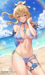  1girl bare_shoulders beach bikini blonde_hair blue_bikini blue_eyes blue_sky blush bow breasts brooch cloud dandelion detached_sleeves falling_petals flower genshin_impact hair_bow high_ponytail highres jean_gunnhildr jean_gunnhildr_(sea_breeze_dandelion) jewelry large_breasts looking_at_viewer navel outdoors pantheon_eve patreon_username petals rainbow sand shore sidelocks sky smile standing swimsuit thighlet thighs water 