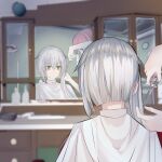  2girls alternate_hair_length alternate_hairstyle altina_orion cutting_hair eiyuu_densetsu green_eyes hair_salon hand_in_another&#039;s_hair highres idqd juna_crawford long_hair mirror multiple_girls pink_hair ponytail pov reflection scissors sen_no_kiseki silver_hair solo_focus upper_body 