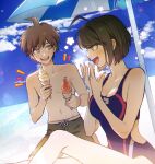  1boy 1girl :d ahoge bangs bare_shoulders blue_swimsuit blush breasts brother_and_sister brown_eyes brown_hair cleavage cloud collarbone commentary_request danganronpa:_trigger_happy_havoc danganronpa_(series) danganronpa_another_episode:_ultra_despair_girls danganronpa_s:_ultimate_summer_camp day food from_side happy ice_cream ice_cream_cone looking_at_another naegi_komaru naegi_makoto notice_lines one-piece_swimsuit open_mouth outdoors ppap_(11zhakdpek19) short_hair siblings smile swimsuit umbrella upper_teeth 