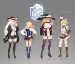  4girls alternate_hairstyle azur_lane azusa_(cookie) bangs black_cape black_dress black_jacket black_legwear black_skirt blonde_hair blue_gloves blue_shirt blush boots bow braid breasts brown_eyes brown_footwear brown_gloves brown_sleeves cape cleveland_(azur_lane) cleveland_(azur_lane)_(cosplay) commentary_request cookie_(touhou) cosplay detached_sleeves dress enterprise_(azur_lane) enterprise_(azur_lane)_(cosplay) fairyfloss full_body fur-trimmed_boots fur-trimmed_skirt fur-trimmed_sleeves fur_trim garter_straps gloves green_eyes grey_background hair_bow hat hat_bow highres honolulu_(azur_lane) honolulu_(azur_lane)_(cosplay) jacket kirisame_marisa large_breasts long_hair looking_at_viewer mars_(cookie) medium_breasts medium_hair multiple_girls oklahoma_(azur_lane) oklahoma_(azur_lane)_(cosplay) open_mouth pointing pointing_up red-framed_eyewear red_cape red_eyes red_star rei_(cookie) semi-rimless_eyewear shirt short_dress side_braid side_ponytail simple_background single_braid skirt small_breasts standing star_(symbol) thighhighs touhou twitter_username two-sided_cape two-sided_fabric under-rim_eyewear uzuki_(cookie) white_bow white_cape white_shirt witch_hat yellow_bow 