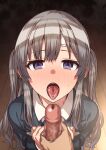  1boy 1girl bandaid blush book erere hetero holding holding_book idolmaster idolmaster_shiny_colors long_sleeves male_masturbation masturbation notebook open_mouth penis pov purple_eyes saliva school_uniform shirt sweatdrop sweater tongue tongue_out wooden_floor yuukoku_kiriko 